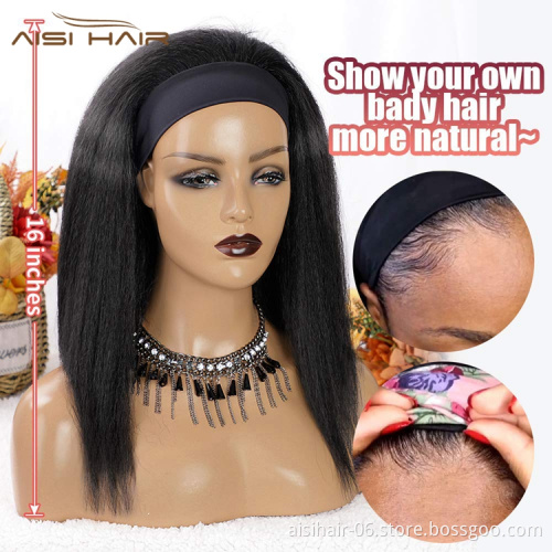 Aisi Hair wholesale private label cap adjustable attached bandage kinky bob black women yaki synthetic headband wig